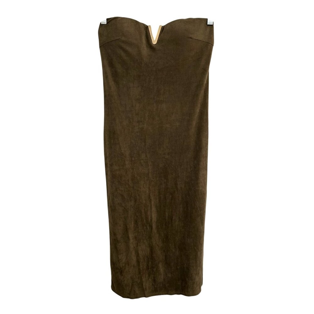 Giorgia Strapless Brown Midi Dress Gold V Neck Detail Sz Medium